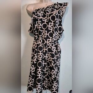 NWT Mud Pie Caroline One Shoulder Dress Women’s Sz L Black White Preppy Coastal